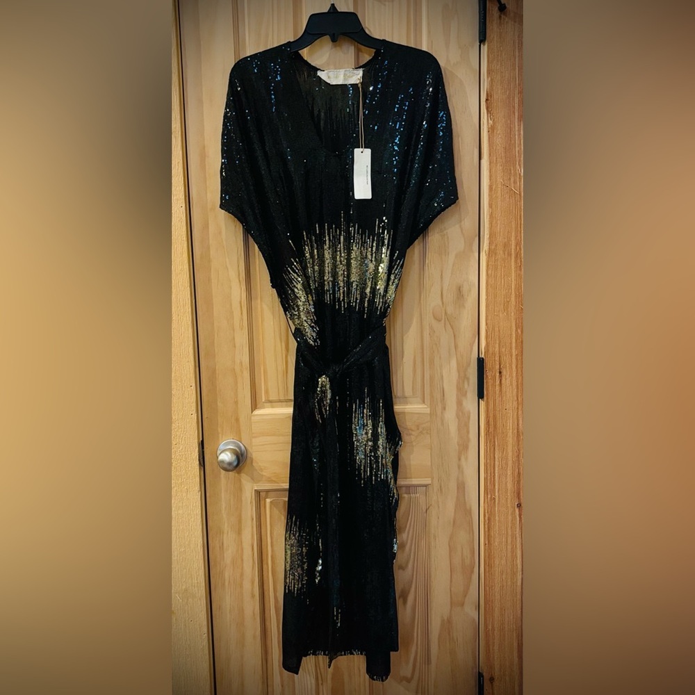 NWT | Jen’s Pirate Booty | Black & Gold Sequin Kaftan Dress W/ Belt O/S (HTF)